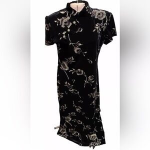 Sheri Martin Vintage CHEONGASM Dress Black Gold Glitter Flowers Sz16 Mandarin